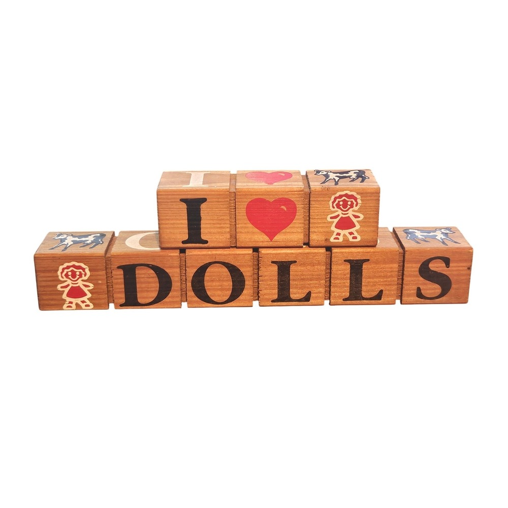 Vintage Style Rotating Wooden Blocks I Love Dolls Cows Bears Pigs Decor Set